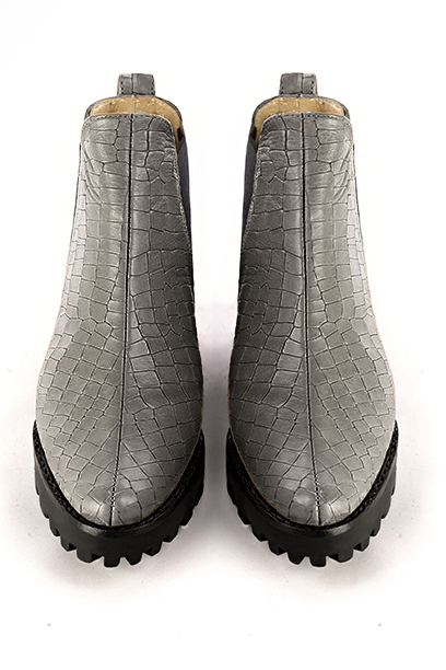 Ash grey and matt black women's ankle boots, with elastics. Round toe. Low rubber soles. Top view - Florence KOOIJMAN